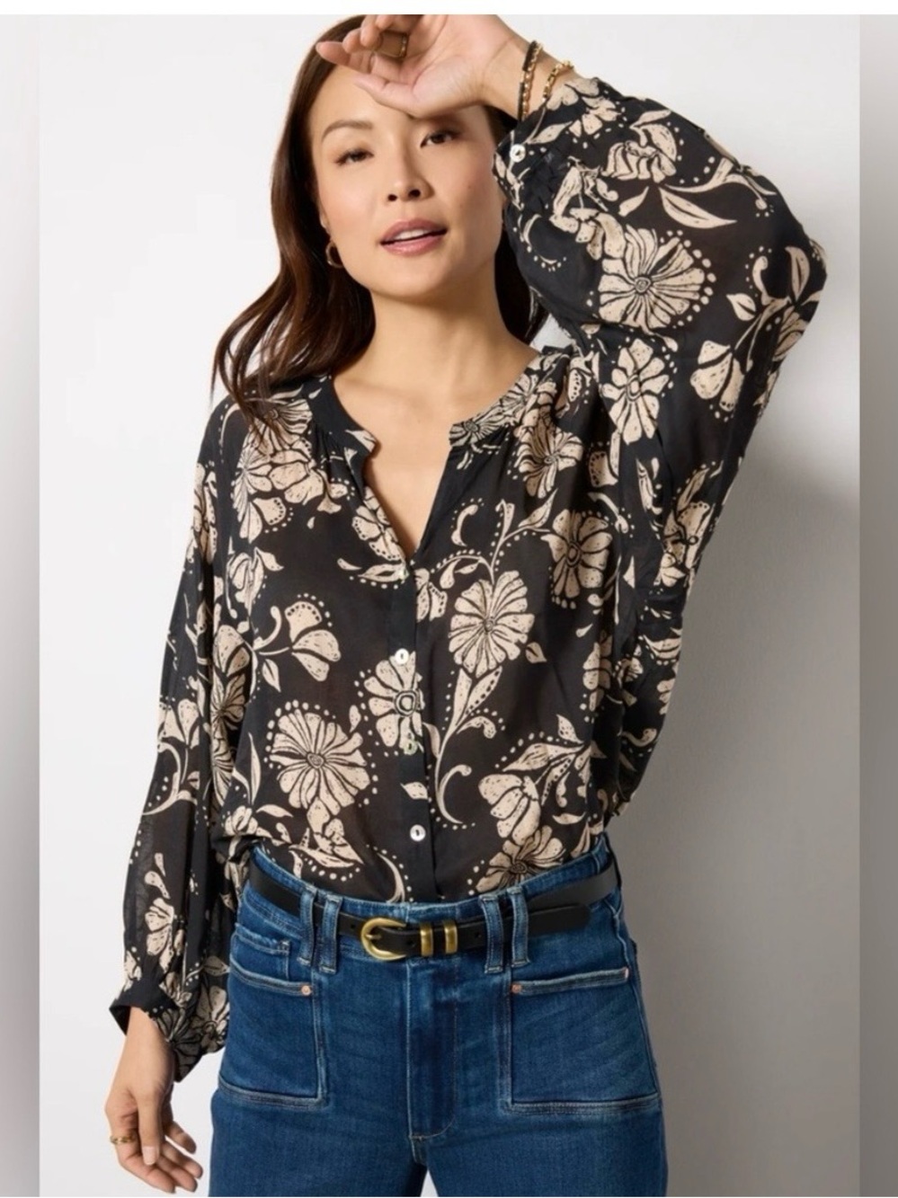Z Supply Black Floral Button-Front Blouse